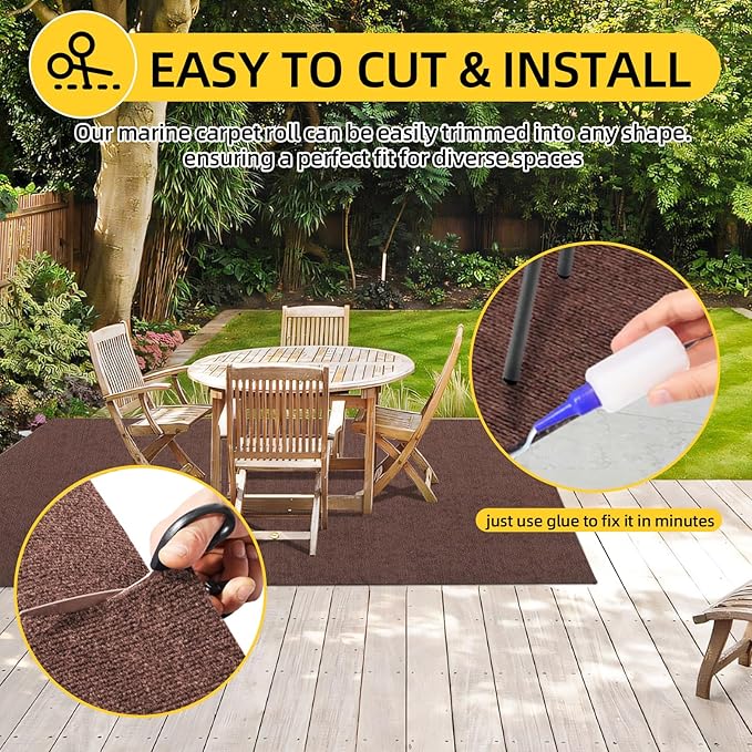 Marine Carpet,5 FT x 20 FT Brown Indoor Outdoor Carpet 0.2" Thick Boat Carpet with Water-Proof TPE Backing, Non-Slide Outdoor Marine Carpet Roll for Home, Patio, Porch, Deck
