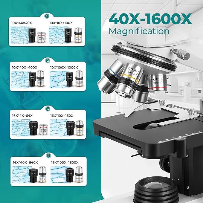 Sinher XSZ-107BN Professional Compound Binocular microscopes 40X-1600X Magnification with Microscope kit for Student Adults Suitable for Laboratory School Home Education.