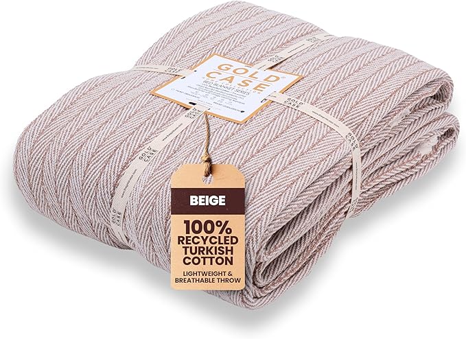 Gold Case Throw Blanket for Bed – 100% Recycled Turkish Cotton Bed Blanket – Decorative Throw Cotton Blankets for Living Room & Bedroom – Woven Twin Blankets – Vintage Beige – 71x90
