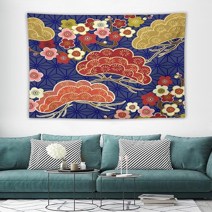 HZOHNAGO Japanese Tapestry Art Abstract Colorful Cherry Blossom Blue Background Pattern Printed Wall Tapestry Painting Wall Hanging for Bedroom Living Room Dorm 60" W x 40" H