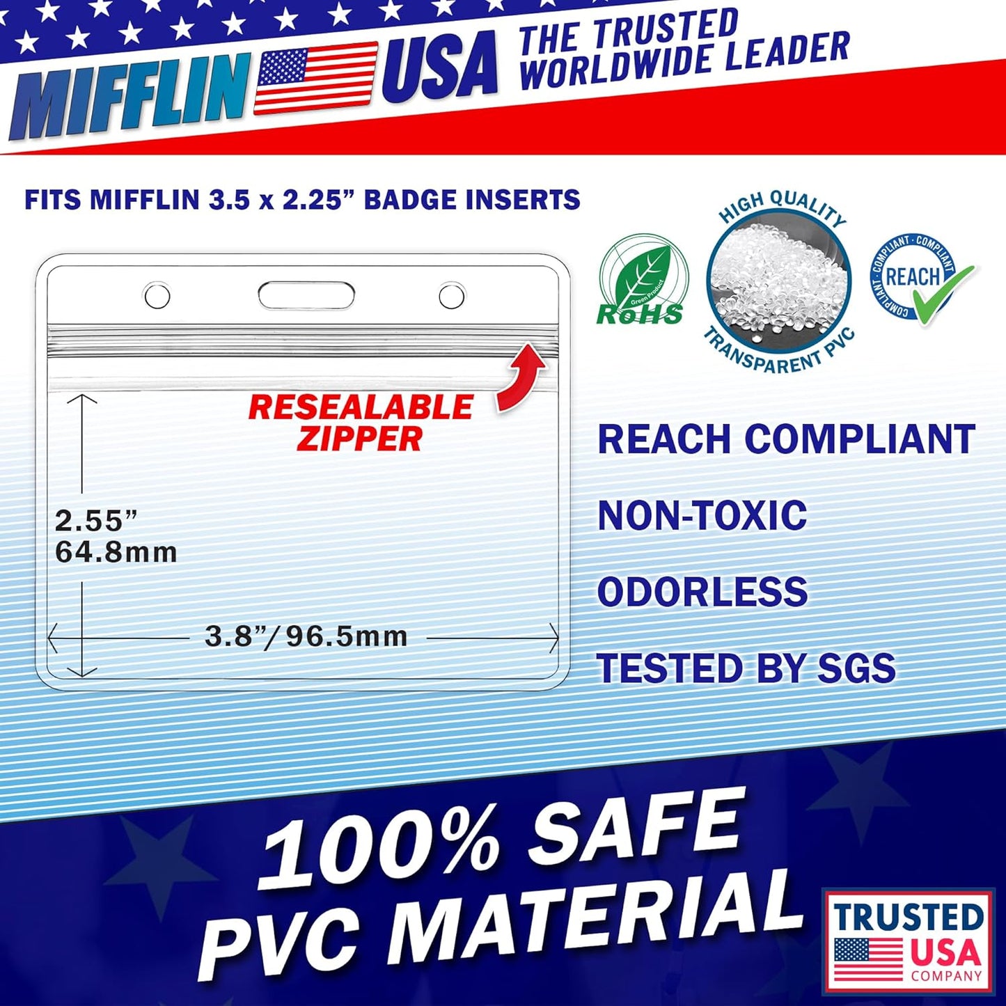 Mifflin-USA Horizontal ID Name Badge Holder (Clear, 3.5x2.25 Inches, 50 Pack), Waterproof and Resealable Plastic Card Holders