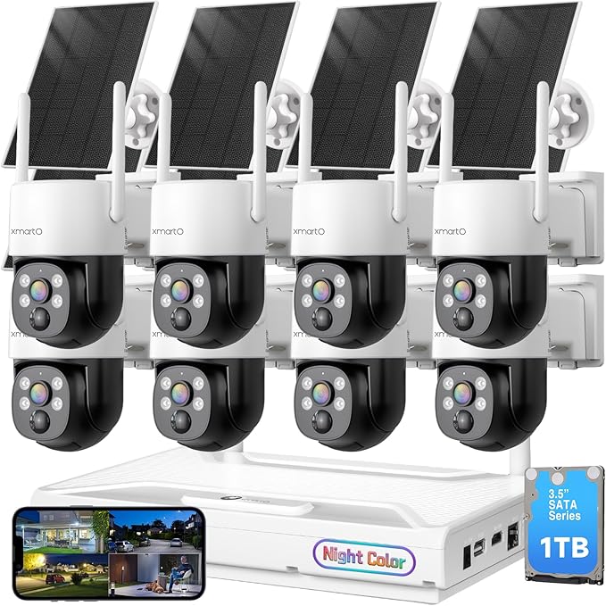 xmartO [Night Color 8-Cam 2K HD Wireless Solar Security Camera System with Starlight Color Night Vision, PTZ Control, Long Range WiFi6, Easy Mobile View, 0 Monthly Fee, 1TB HDD