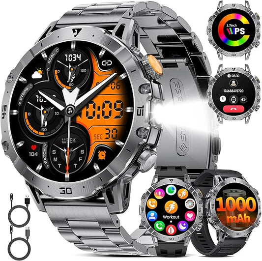 Smart Watches for Men 1000mAh Battery/Flashlight/3 Straps, 1.7" Ultra HD Screen Outdoor Smartwatch with 111 Sports Modes, Heart Rate/Sleep/Calorie Monitor, 5ATM Waterproof Fitness Tracker Android iOS