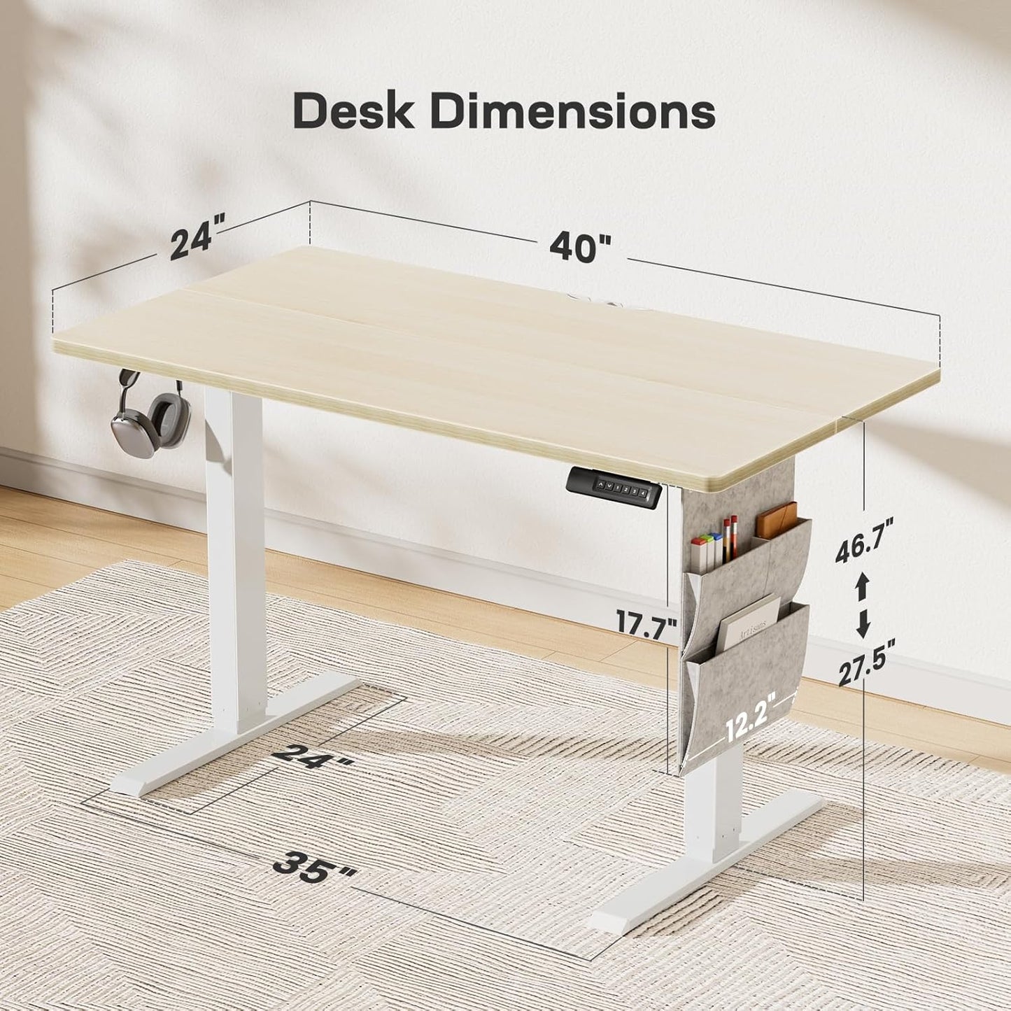 Marsail 40x24 Electric Standing Desk - Adjustable Height Computer Desk with Memory Presets, Storage Bag & Cable Management for Home Office & Gaming Workstations