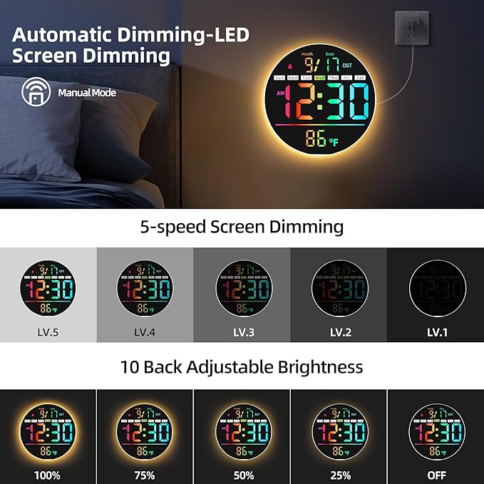 Digital Wall Clock, 8'' Round Digital Clock with Large Display, 11RGB Colors,Remote Control, Auto-Brightness,Temperature,DST,Night Light, Alarm, Count Down Timer for Classroom/Bedroom/Office