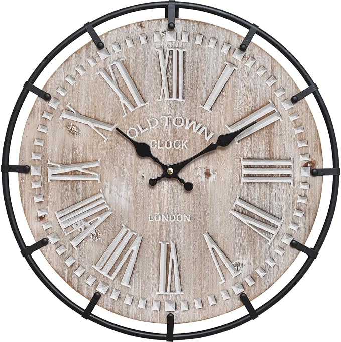 12 Inch Farmhouse Wall Clock Rustic Antique Wood with Metal Circle and Large Engraved Numerals, Silent Battery Operated Wall Clock for Office Kitchen Bedroom Living Room