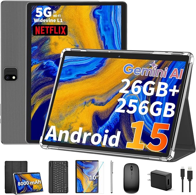 2025 Android 15 tablet with keyboard, 26GB+256GB+2TB Expand, 10 inch 2-in-1 Tablets with 8-Core, 5G WiFi, 8000mAh, BT5.0, 5MP+13MP, GMS, GPS, Widevine L1, Tablet PC with Mouse, Case, Stylus (Black)