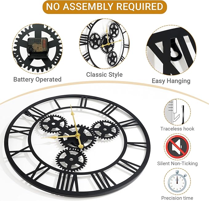 24inches/60cm Wall Clocks for Living Room Deco Non Ticking Silent Battery Operated Metal Modern Vintage Roman Numeral Oversized Gear Wall Clocks for Bedroom Kitchen Fireplace Office Farmhouse
