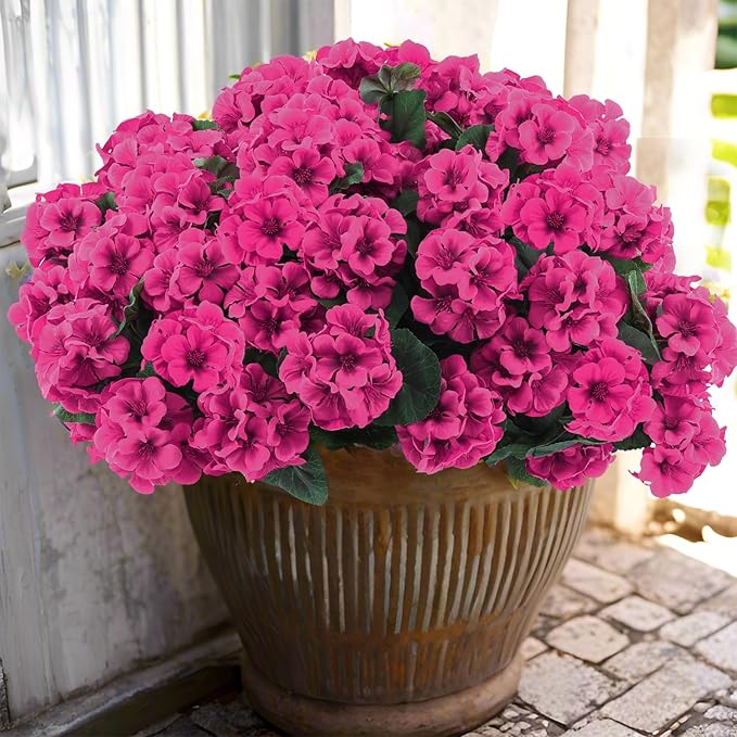Hananona 12 Pcs Artificial Geranium Flowers for Outdoors Geranium Silk Flowers Outdoor UV Resistant Garden Plants Faux Flowers for Ptio Front Door Kitchen Table Centerpieces Home Decor (12, Rose Red)
