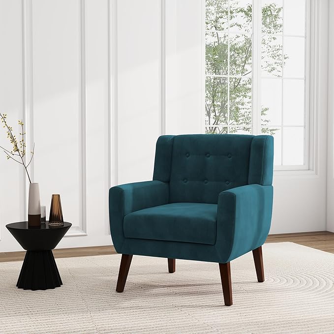 UIXE Accent Chair, Velvet Upholstered Armchair for Living Room, Modern Club Arm Chairs Comfy Single Sofa Button Tufted Bedroom Reading Seat - Blue, Set of 1