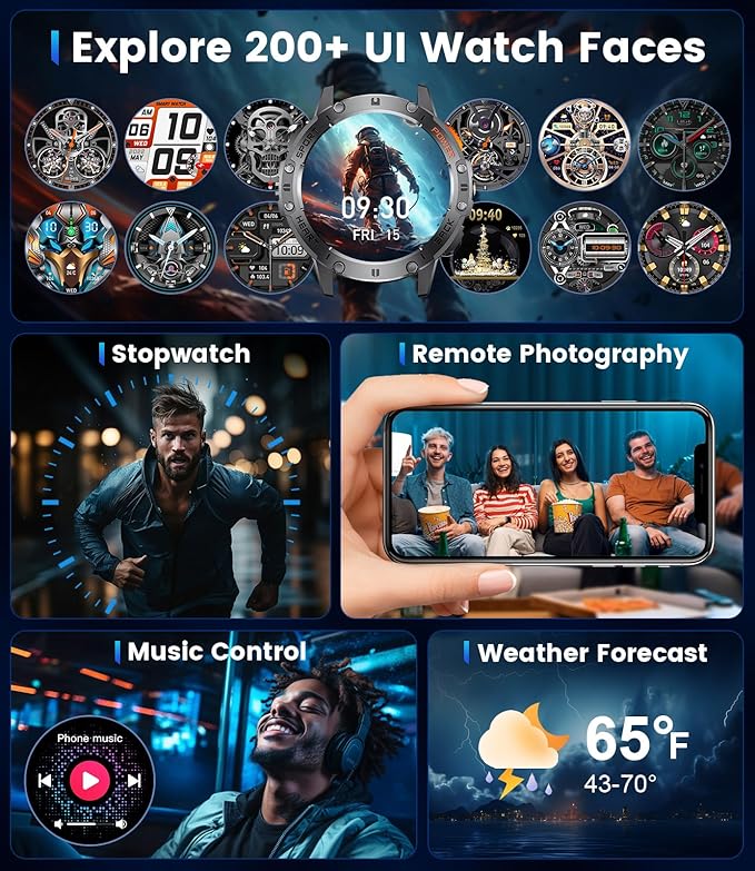 LIGE 1.43" AMOLED Smart Watch for Men with Flashlight, Bluetooth Calling, 100+ Sport Modes, 530mAh, IP68 Waterproof Fitness Tracker for Workout, iOS Android Compatible, Black Steel Camouflage Silicone