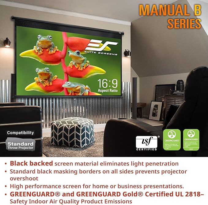 Elite Screens Manual B 125-INCH Manual Pull Down Projector Screen 1:1 Diag 4K 8K 3D HD Home Movie Theater Slow Retract Mechanism, M125S