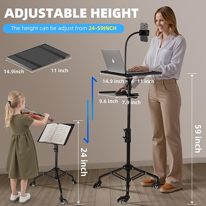 Projector Stand Tripod – 24 to 59 Inch Adjustable Height – Dual Shelves Laptop Tripod Stand with Moveable Wheels and Phone Holder, Portable Laptop Stand for Office, Stage & Outdoor Use
