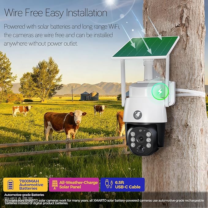 xmartO 4MP QHD Wireless PTZ Solar Security Camera Outdoor/Indoor for Homes, WiFi 6 5G Dual Band, Wire-Free Easy Installation, No Monthly Fee (Wall/Ceiling/Corner/Tree/Pole Mount, SDK4034 4-Pack)