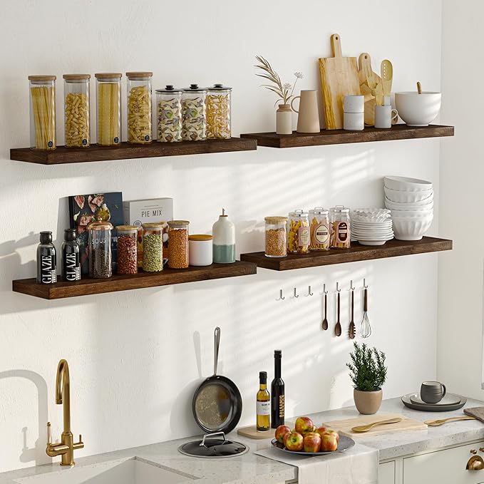 Fun Memories Wood Floating Shelves for Wall, 48 Inch Floating Shelves Wall Mounted, Rustic Elm Wood Shelf for Home Decor, Heavy-Duty Storage Shelves for Living Room, Bathroom, Kitchen, Walnut Finish