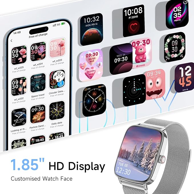 Smart Watch for Men Women, 1.85" HD Smartwatch Compatible iPhone/Samsung/Android (Answer/Make Calls), 100+ Sport Modes Fitness Tracker with Heart Rate/Sleep/SpO2 Monitor, IP68 Waterproof, Metal Band
