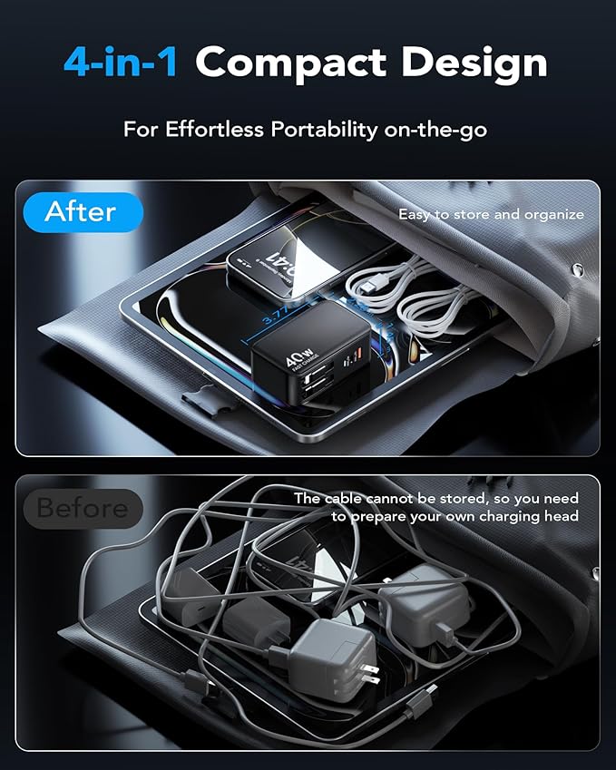 4-in-1 Retractable Gan Wall Charger Plug for iPhone 17 USB C,Travel Essentials Brick Multiport,3ft Lightening+ Type C Cables,40W Fast Charging Foldable Block for iPhone 17 Pro/16/15/14/13,iPad,Galaxy