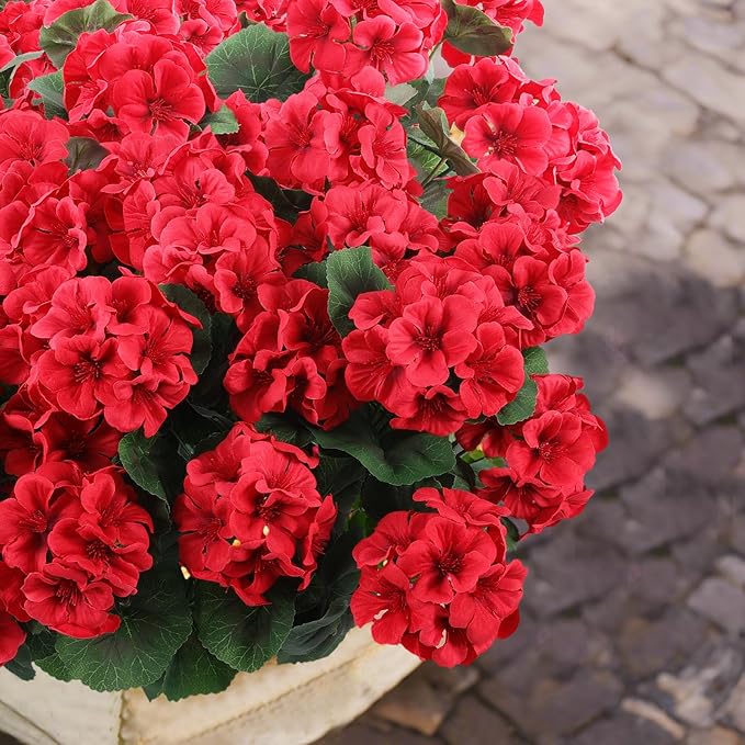 Hananona 24 Pcs Artificial Geranium Flowers for Outdoors Geranium Silk Flowers Outdoor UV Resistant Garden Plants Faux Flowers for Home Kitchen Table Centerpieces Decor (24, Red)