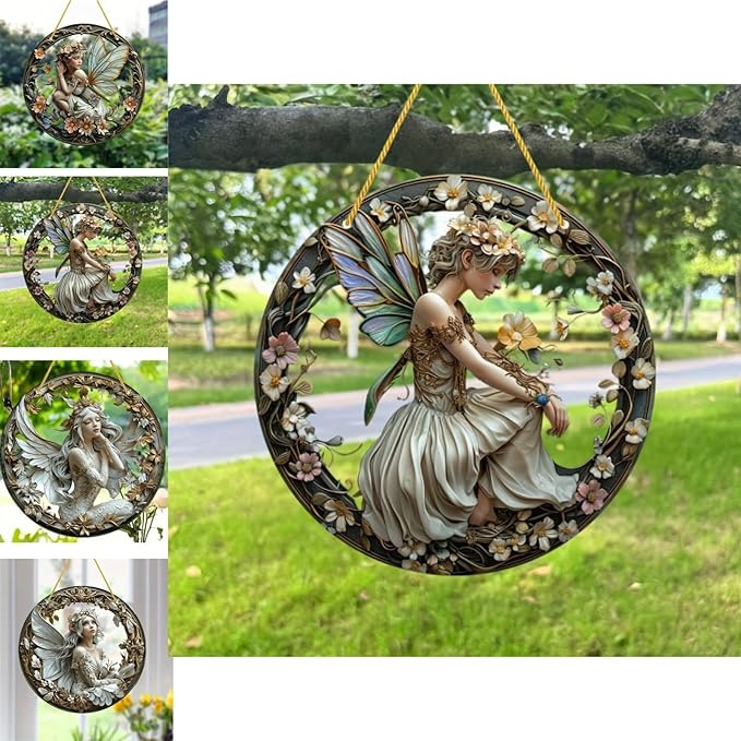 Flower Fairy Garden Decorations Angel Wing Christmas Halloween Deco Statue Art Elf Sculpture Hanging Craft for Outdoor Yard Courtyard Lawn Patio Window Acrylic Ornament Home Gift (B,S: 6*6 IN)