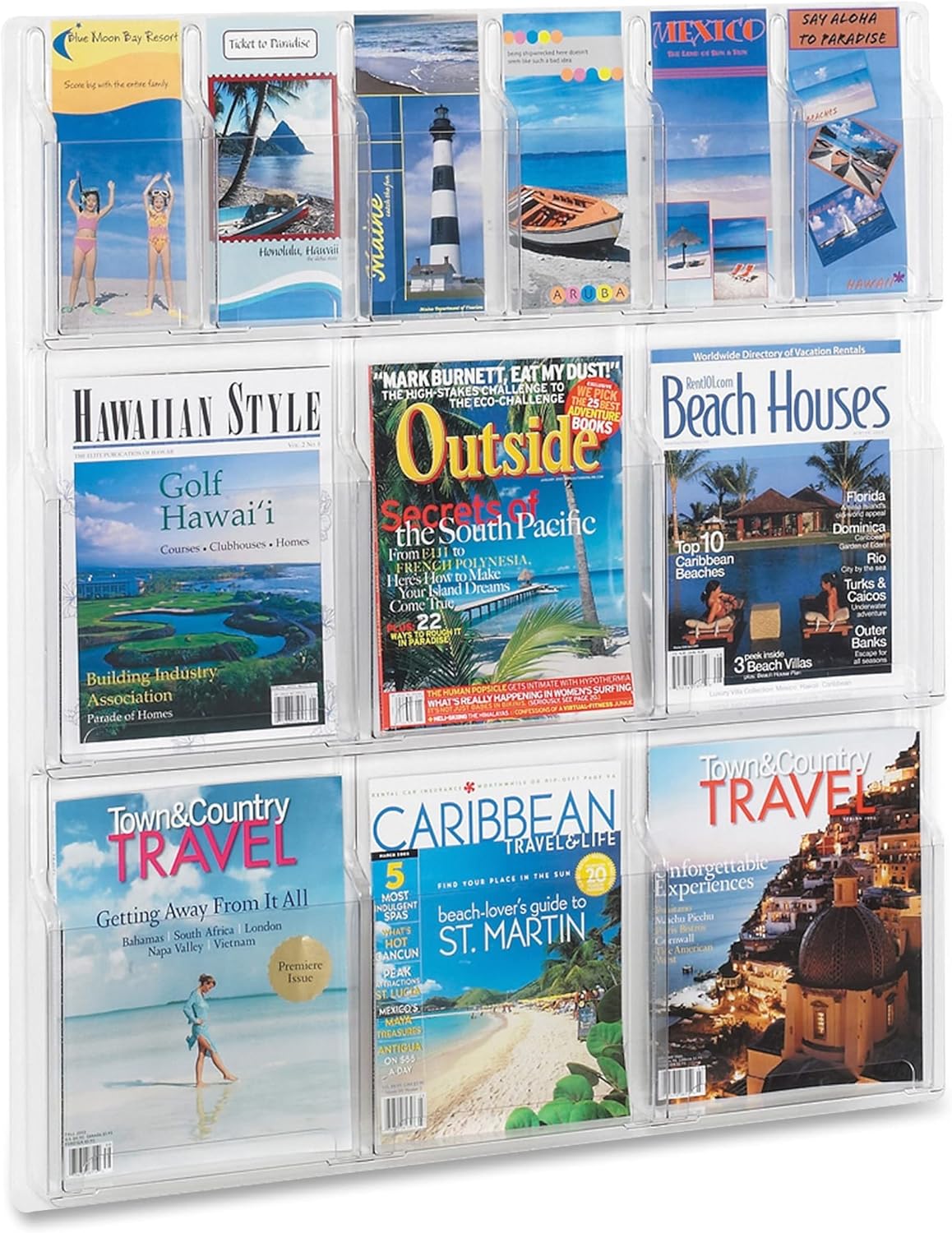 Safco Reveal Literature Rack, 6 Pamphlet and 6 Magazine Holder, Wall-Mounted Brochure Organizer, Acrylic, Clear