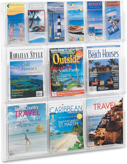Safco Reveal Literature Rack, 6 Pamphlet and 6 Magazine Holder, Wall-Mounted Brochure Organizer, Acrylic, Clear