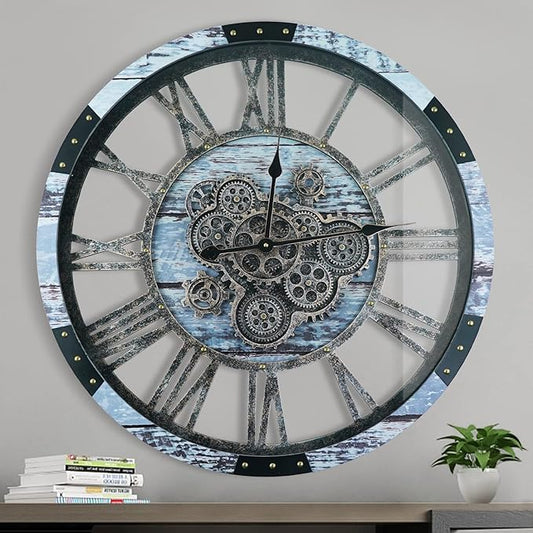 36 Inch Moving Gear Wall Clock, Oversized Wall Clocks, Clock Living Room Decor, Solid Wood Frame, Battery Operated, Large Wall Clock with Steampunk Industrial for Fireplace