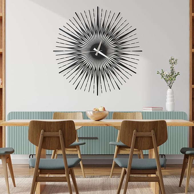 Sun Rays Wall Clock, Large Metal Decorative Wall Clock, Modern Minimalist Wall Decor (Black, Large)