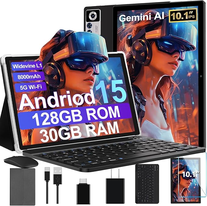 2025 Android 15 Tablet with Keyboard | Gemini AI, 30GB+128GB Octa-Core Electronics Tablets w/ 10 Inch IPS HD Display, 8000mAh, 5G WiFi, 1TB Expand, Mouse+Case, BT 5.0, Widevine L1, Metal Body -Black
