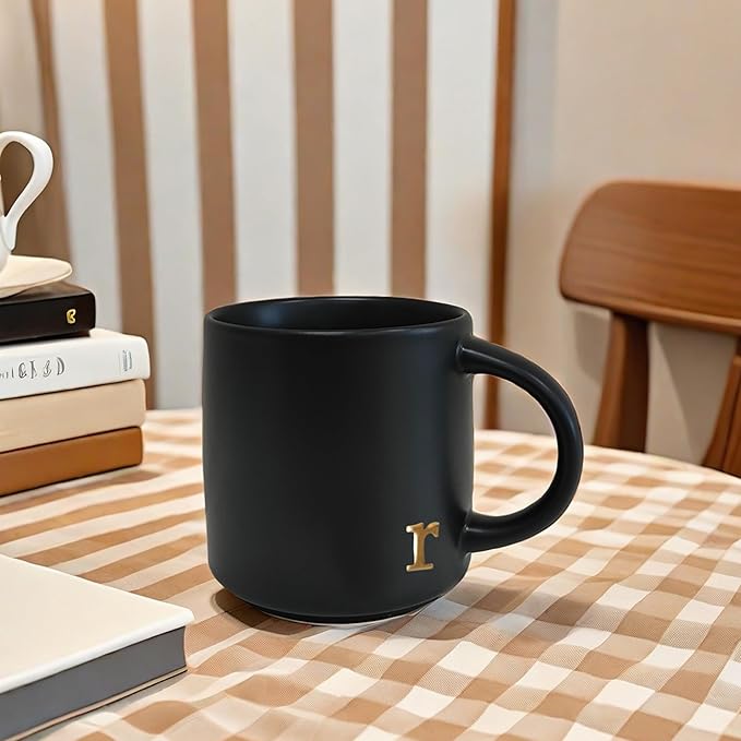 COLLECTIVE HOME - Black Monogram Ceramic Mugs, 15 oz Golden Initial Coffee Cups, Elegant Alphabet Tea Mugs, Personalized Halloween Mug with Gift Box, Perfect for Office and Home Décor (r)