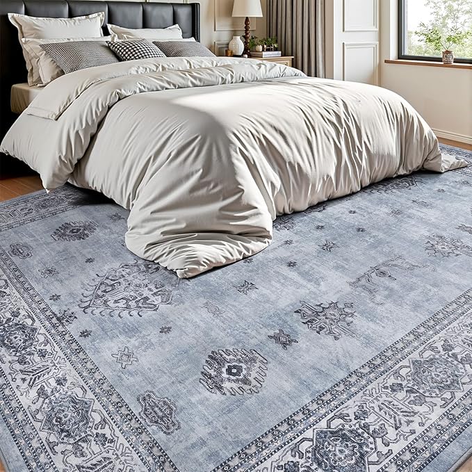 AMOAMI-Vintage Area Rug 5X7 Blue Rugs for Living Room-Soft Living Room Rug Non Slip Rugs for Bedroom Carpet Machine Washable Rug for Dining Room Bedside Office Room Decor