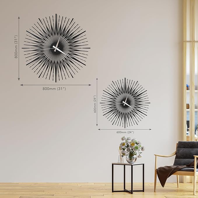 Sun Rays Wall Clock, Large Metal Decorative Wall Clock, Modern Minimalist Wall Decor (Silver, Small)