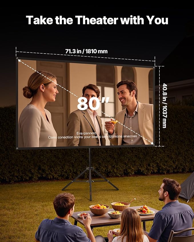 VEVOR Projector Screen with Stand, 80 Inch 160° Wide Angle Indoor Outdoor Projection Screen, 16:9 4K HD Wrinkleless Portable Tripod Screens with Carry Bag, for Movie Home Theater Office Presentation