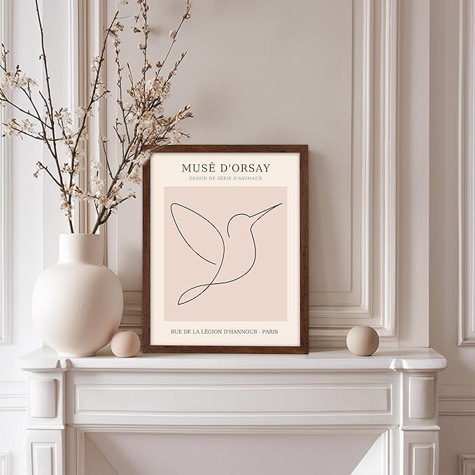 Poster Master Vintage Poster - Retro One Line Hummingbird Drawing Print - Bird Line Art - Minimal Gift for Him, Her, Animal Lover - Abstract Decor for Home, Office, 8x10 Brown Framed