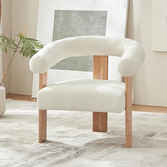VKNOW Accent Chair Living Room Chair, Modern Upholstered Armchair with Solid Wood Legs, Comfy Barrel Arm Chairs for Living Room Bedroom, Cream