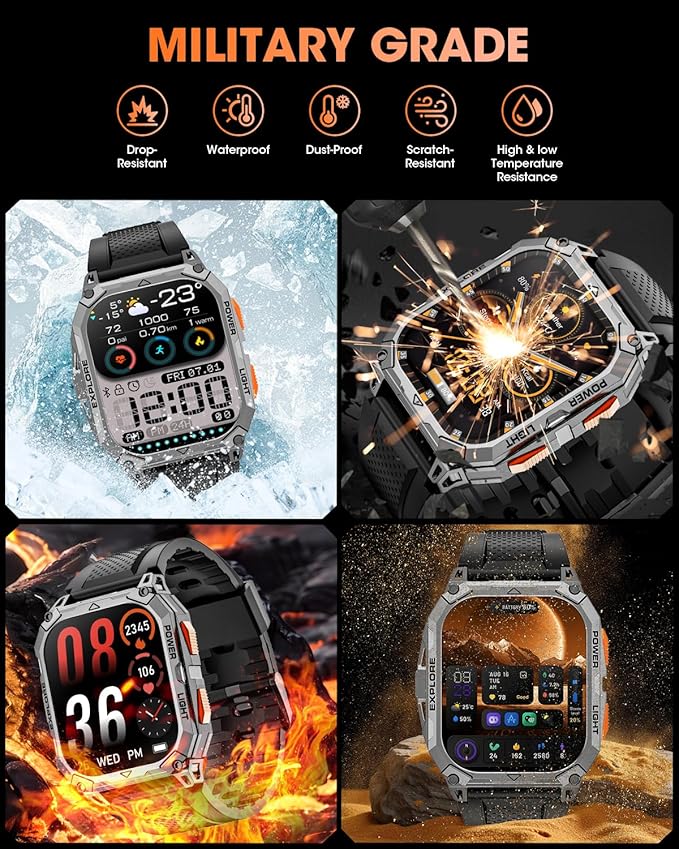 Military Smart Watches for Men, 2.01" HD Smartwatch with 1000 mAh Battery/2 Straps/Answer/Make Call/Led Flashlight/Heart Rate/Sleep Monitor, 100+ Sport Modes Fitness Tracker for Android/iPhone