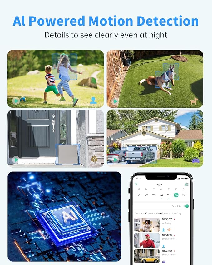 Security Cameras Wireless Outdoor, Solar Battery Powered 2k Color Night Vision, AI Motion Detection, IP66 Weatherproof, 2-Way Talk, SD/Cloud Storage, 2.4Ghz WiFi Cameras for Home Security (1 Pack)
