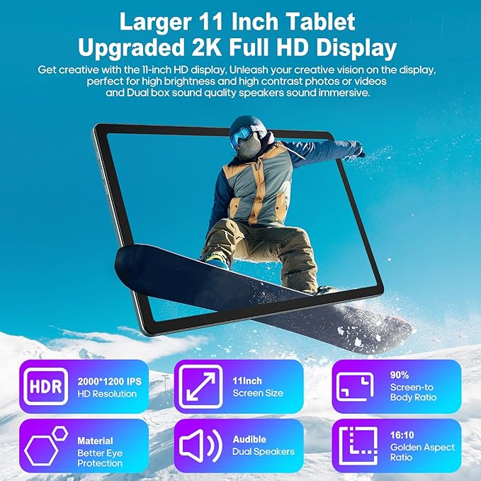 11 Inch Tablet Android 13 Tablets 16GB RAM+256GB ROM+1TB Expand Octa-Core Tablets PC with Dual SIM Card Slot, 2K 2000 x 1200 Display, 8+13MP Dual Camera, Bluetooth5.0, GPS, 5G/2.4G WiFi