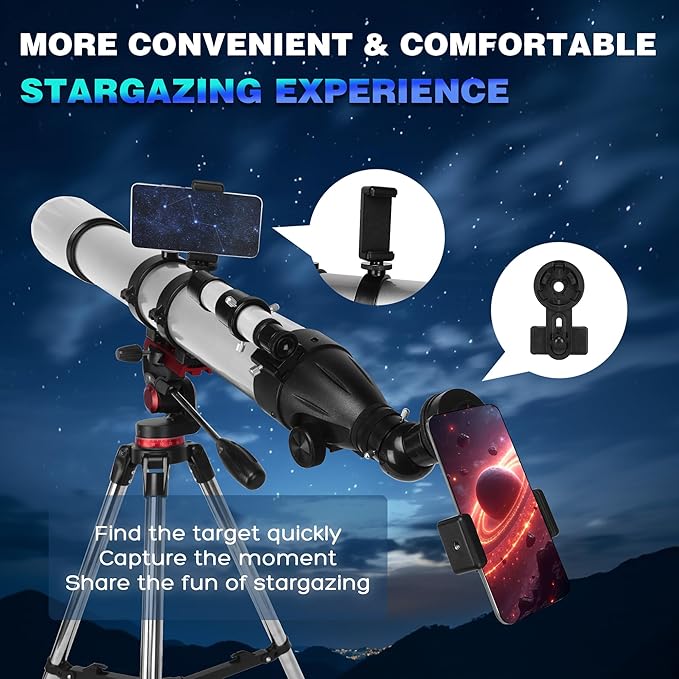 Telescope for Adults High Powered, 90mm Aperture 900mm Professional Astronomical Refractor Telescope for Beginners, Fully Multi-Coated High Light Transmittance for Ground&Moon Observation（Silver Gray）