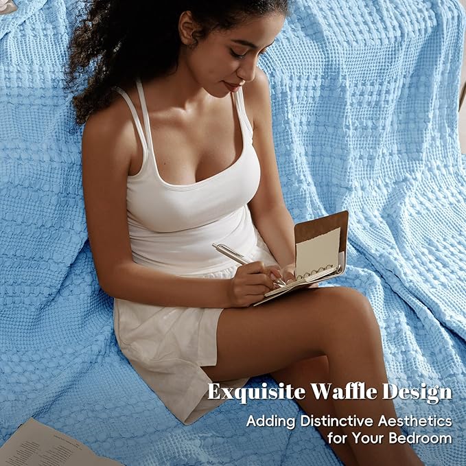 PHF 100% Cotton Waffle Weave Blanket Queen Size, Soft Lightweight Breathable Cozy Summer Blankets for Bed, Luxury Aesthetic Woven Bedding for Home Decor, 90"x90", Sky Blue