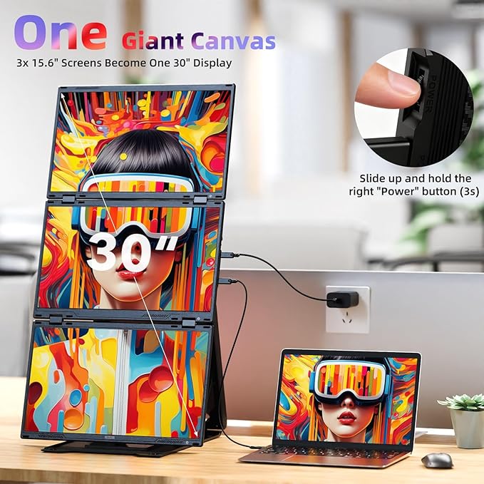Quad Laptop Screen Extender, 15.6" FHD 1080P Triple Monitor, Combine into One 30" Screen (Landscape/Portrait), Just 1 Cable for 3 Screens, Driver Required, Compatible with Wins & Mac(M1/M2/ M3/M4/M5)
