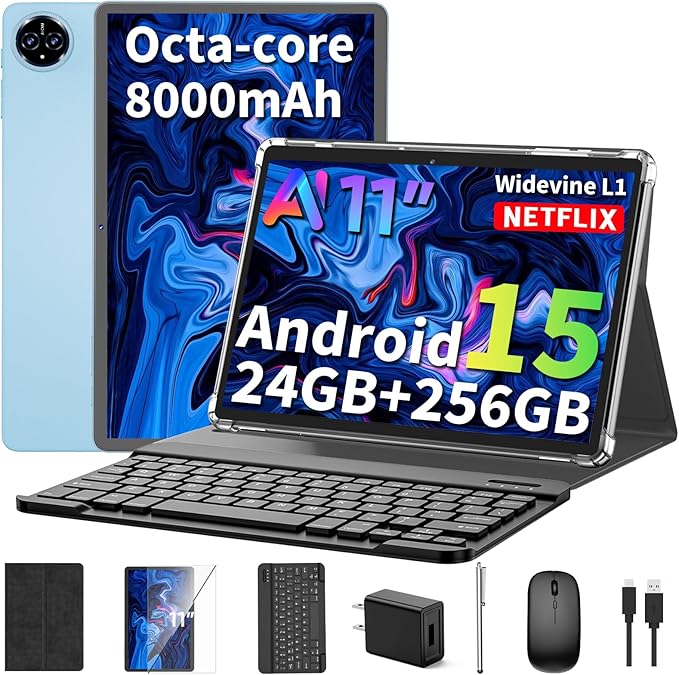 2025 11 inch Tablet, Android 15 Tablets with Keyboard, 24GB+256GB+2TB Expand, Octa-Core, 8000mAh, Tablet PC with 5G/2.4G WiFi, BT5.0, GMS, GPS, 2 in 1 Tablets with Case, Mouse, Stylus(Black Case)