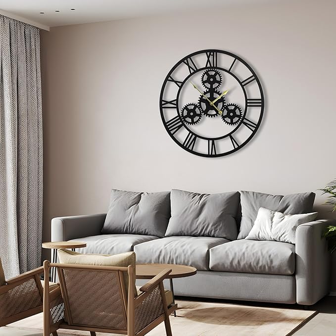 24inches/60cm Wall Clocks for Living Room Deco Non Ticking Silent Battery Operated Metal Modern Vintage Roman Numeral Oversized Gear Wall Clocks for Bedroom Kitchen Fireplace Office Farmhouse