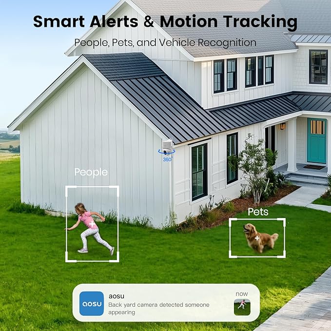 aosu Security Cameras Wireless Outdoor - 3K/5MP Solar Powered 400-Lumen Floodlight Camera, 360° Pan/Tilt Surveillance, Night Vision, 2.4GHz WiFi Camera, Auto Tracking, AI Human/Vehicle/Pet Detection