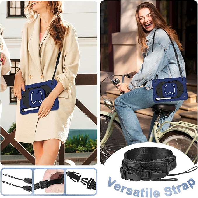 Case for Samsung Galaxy Tab S10 Lite / S10 FE / S9 FE 10.9 Inch & Galaxy Tab S9 11 Inch, Rugged Samsung S10 FE Case with Pen Holder 360 Rotating Stand Shoulder Strap Screen Protector,Navy Black