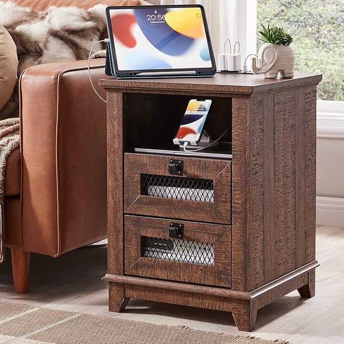Nightstand with Charging Station,OKD 18'' Industrial & Farmhouse End Table with 2 Drawers &Open Cubby, Rustic Mesh Drawer Sofa Side Table w/Storage for Bedroom, Living Room, Office, Reclaimed Barnwood