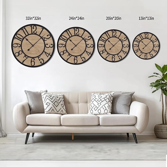 Maxstar Large Wall Clock for Living Room,Metal & Wood Silent Rustic Farmhouse with Arabic Numeral, Battery Operated Wall Clocks Decorative for Bedroom Office Home Decor 24inch Black