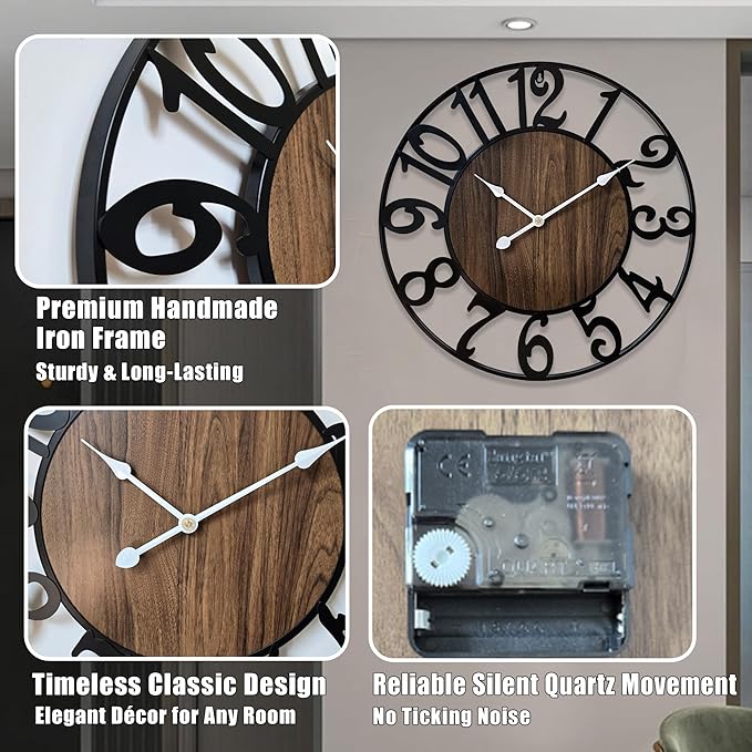 16 Inch Large Wall Clock for Living Room Bedroom Kitchen Mantel Decor, Silent Battery Operated Decorative Non Ticking Metal Round Modern Farmhouse Arabic Numerals Big Clock Wall Decor