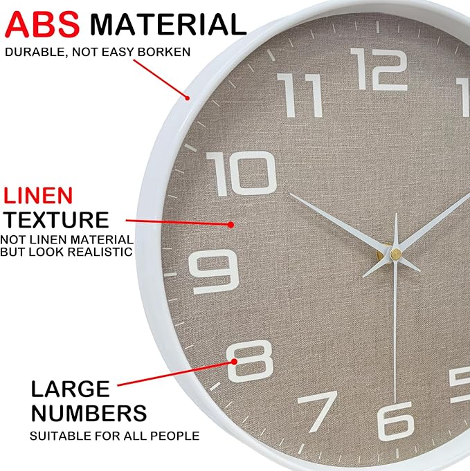 Modern Wall Clocks Battery Operated, 12 inch Silent Non Ticking Analog Clock with Large Numbers Burlap Texture Face, Tempered Glass Decorative Wall Clocks for Living Room Bedroom Kitchen Gym