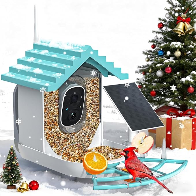 Smart Bird Feeder with Camera Solar Powered & AI Bi rd Identification, 2.4Ghz WiFi Bird feeders for Outdoors, 2K Live Video, Nstant Arrival Alerts - Blue