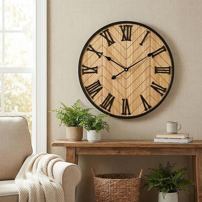 24 Inch Large Wall Clock Farmhouse Style - Brown Silent Non-Ticking Rustic Decor for Living Room, Kitchen, Bedroom